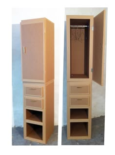 two tall wooden cabinets with drawers on each side and an open drawer in the middle