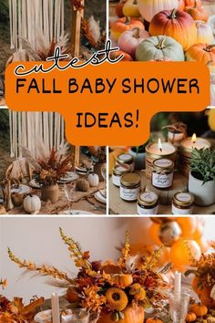 fall baby shower ideas with pumpkins, candles and other things to decorate for halloween