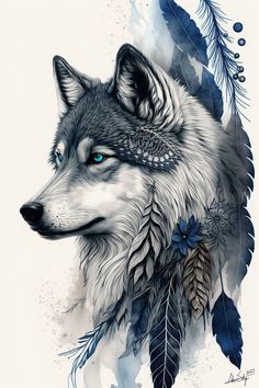 a drawing of a wolf with feathers on it