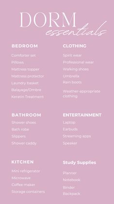 the dorm essentials list is shown in white and pink, with text above it