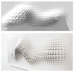 two photographs of white paper with circles and squares on them, one is folded over the other