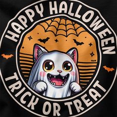 an image of a happy halloween trick or treat t - shirt with a cat on it