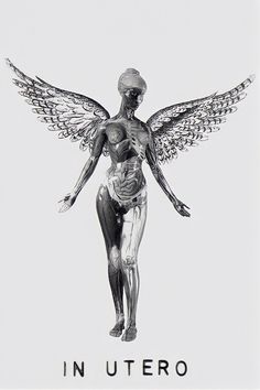 a black and white drawing of a woman with wings on her head, standing in front of the words in utero