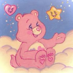 a pink teddy bear sitting on top of a cloud with hearts and stars in the sky