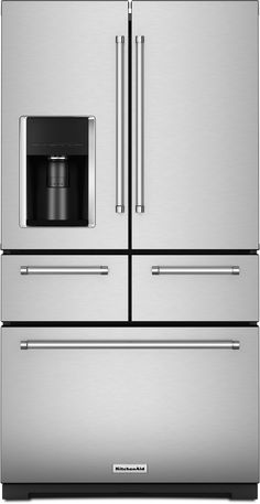 a stainless steel refrigerator with two drawers and a coffee maker on the bottom drawer,