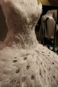 a white dress with lots of feathers on it