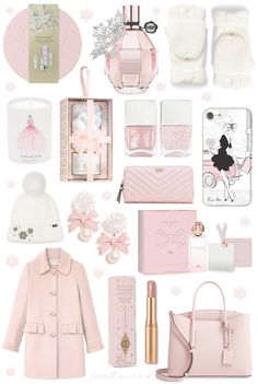 the contents of a women's pink outfit and accessories arranged on a white background