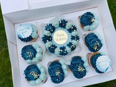 a box filled with blue cupcakes sitting on top of a grass covered field