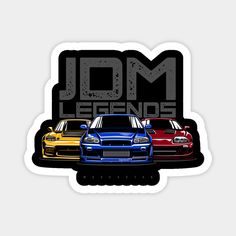 three different colored cars in front of the words jom legends on a black background