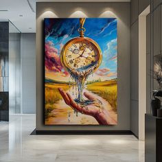 a painting of a hand holding a clock in the middle of a room with an open door