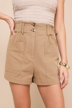 You'll be ready for a day of exploring when you slip on the Lulus Adventuring Persona Tan High-Waisted Shorts! Lightweight woven twill shapes these cute shorts with a high-rise fit and an elasticized waist that features belt loops and a hidden zipper fly with dual, top button closures. Oversized, utility-style patch pockets accent the front of the relaxed shorts, while a single patch pocket at back completes the look! Fit: This garment fits true to size. Length: Above mid-thigh. Size medium Wais Utility Style, Indo Western, Be Ready, High Rise Shorts, Cute Shorts, Women's Summer Fashion, High Waisted Shorts, Hidden Zipper, Summer Women