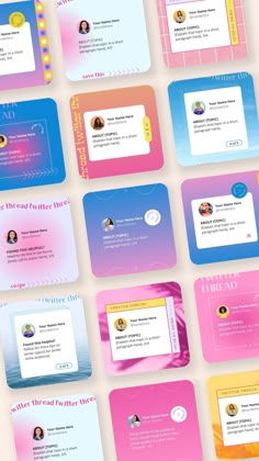 many different types of business cards are arranged on a white surface with pink, blue and yellow colors