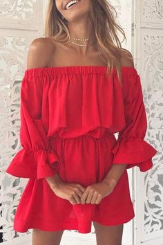 Size(in) Bust Waist S 31.5  24.8  M 32.7  26.4  L 34.6  28.0  XL 36.6  29.5 Red Mini Dress With Ruffle Hem, Solid Color Off-shoulder Dress With Ruffles, Red Solid Color Summer Dress, Red Mini Dress With Ruffle Hem For Night Out, Off-shoulder Ruffled Mini Dress, Casual Red Mini Dress With Ruffle Hem, Red Mini Dress Solid Color, Red Ruffled Dress For Summer, Red Ruffled Mini Dress