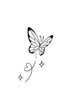 a black and white drawing of a butterfly with stars on it's wings flying in the air