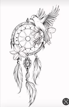 a black and white drawing of a bird flying with a dream catcher on it's back