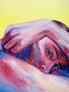 a painting of a woman laying down with her head on the pillow