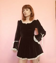 Velvet babydoll dress with lace trimming. Velvet Grunge Dress, Velvet Baby Doll Dress For Women, Cute Long Sleeve Under Dresses, Whimsigothic Dress Short, Velvet Coquette Dress, Red Babydoll Dress, Debbie Dress, Dark Beauty Fashion, 80s Inspired Outfits