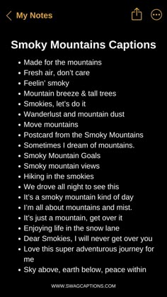 the menu for smoky mountains captions