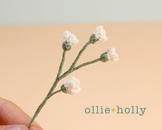 a hand holding a tiny crocheted white flower