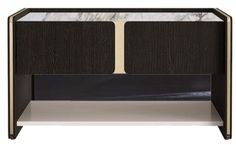 a black and gold sideboard with marble on the top, in front of a white background