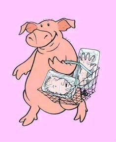 a pig with money in a basket on its hind legs, and another pig sitting behind it