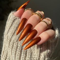 Cow Nails, Long Stiletto, Nail Shimmer, Stiletto Nails Designs, Fall Acrylic Nails, Orange Nails, Fall Nail, Pretty Acrylic Nails