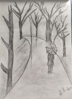 a pencil drawing of a person walking down a path with an umbrella in the rain