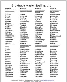 the 3rd grade spelling list is shown in black and white