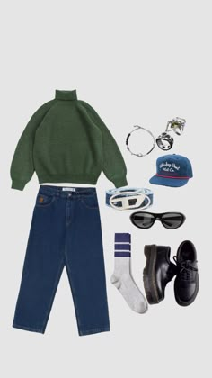 an assortment of clothing and accessories including shoes, hat, sunglasses, sweater, cap