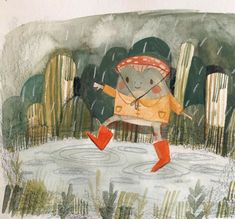 a drawing of a mouse in the rain with red boots and an orange jacket on