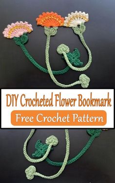 two crocheted flower bookmarks with the title, free crochet pattern