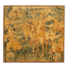 an image of a medieval tapestry with people and animals in the background, including two men on horseback