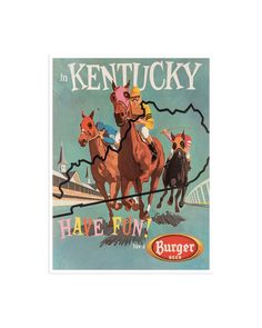 an advertisement for the kentucky horse race featuring three horses and jockeys on a track