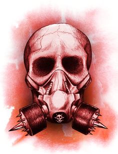 a drawing of a skull wearing a gas mask with spikes on it's head