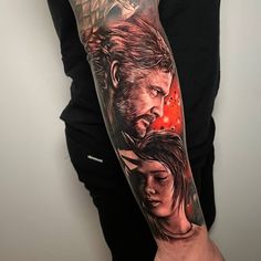 a man with a tattoo on his arm that has an image of two people in the background