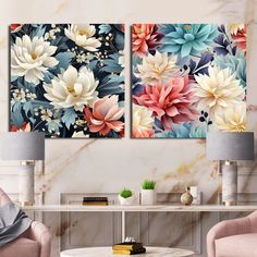 two floral paintings on the wall in a living room