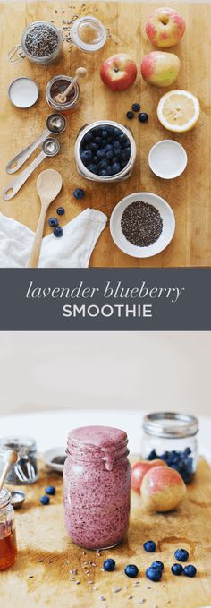 blueberry smoothie in a mason jar on a cutting board