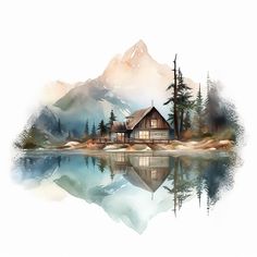 a painting of a cabin by the water with mountains in the background