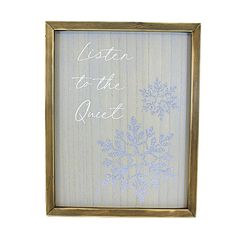 a wooden frame with snowflakes on it that says, listen to the quiet