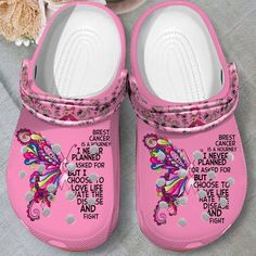 Breast Cancer Is A Journey Butterfly Clog Shoes  Dh Lightweight construction with breathable mesh fabric provides a comfortable and flawless fit. Shoe Crocs, Custom Crocs, Shoes Crocs, Butterfly Shoes, Versatile Shoes, Crocs Clogs, Pink October, Shoes Sport, Wooden Shoes