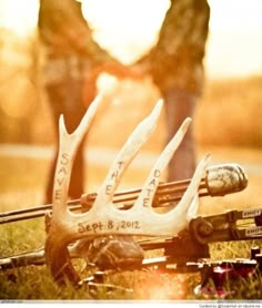 two deer antlers sitting next to each other on the ground