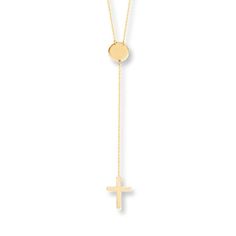 This awe-inspiring lariat necklace for her is crafted of 14K yellow gold with a round disc accent and a dangling cross. The 16-inch cable chain necklace secures with a lobster clasp. Gold Stock, Jewelry Advice, Cable Chain Necklace, Kay Jewelers, Accessories Jewelry Necklace, Lariat Necklace, Awe Inspiring, Cultured Pearls, Necklace Designs