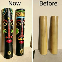 before and after photos of decorative wooden toothbrush holders, then painted with gold paint