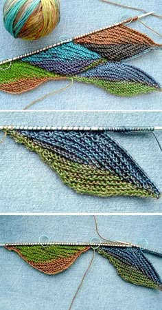 three pictures showing different stages of knitting with yarn and needles on the same side, one shows