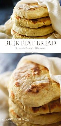 three different types of pancakes stacked on top of each other with the words beer flat bread