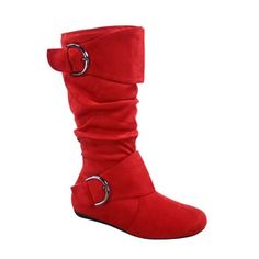 This style runs pretty true to size Round toe design Side Zip Closure Large buckle Finished with cushioned insole Faux Suede Heel Height: 0.25" (approx) shaft length:13.25" (approx) top opening circumference: 16" (approx) heel top opening circumference: 14.5" Size: 6.  Color: Red.  Gender: female.  Age Group: adult. Wide Shaft Boots, Forever Link Shoes, Round Toe Boots, Faux Leather Heels, Slouched Boots, Rounded Toe Boots, Red Boots, Leather Riding Boots, Toe Boots