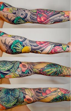 the arm and arms are covered with tattoos, fruit and flowers on both sides of each arm