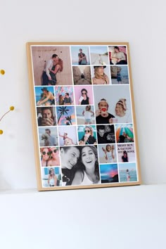 a photo collage is displayed on a shelf next to a vase with yellow flowers