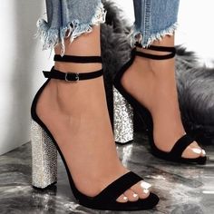 High Heels For Prom, Heels Aesthetic, Square Heels, Rhinestone High Heels, High Heels Sandals