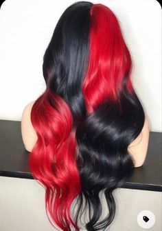 Four Way Split Dyed Hair, Red Outfit Accessories, Black Hair With Fashion Colors, Dyed Hair For Brunettes Red, Black Colorful Hair, Unique Ombre Hair Color Ideas, Avatar Inspired Hair, Red And Black Hair Color Ideas, Black And Red Hair Ideas